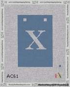 A taped needlepoint canvas with the design: Banner 18 mesh count Squared X White on Blue.