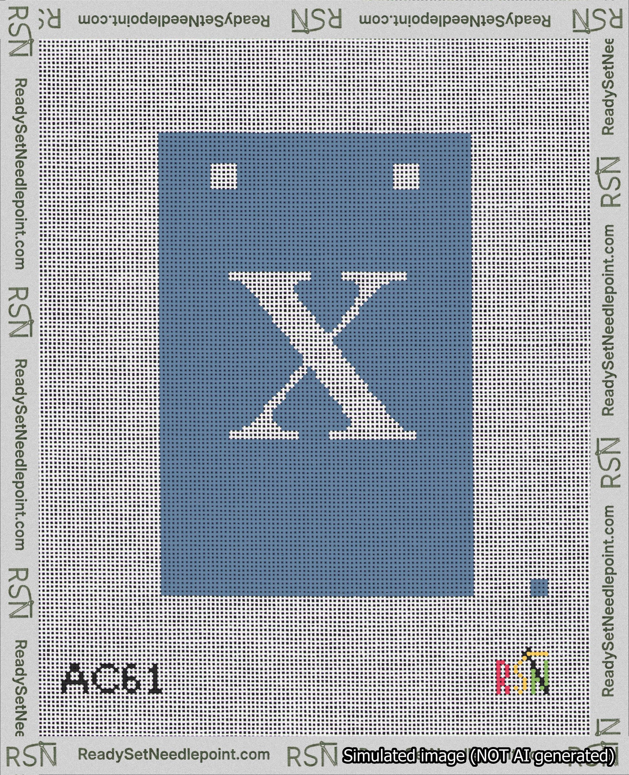 A taped needlepoint canvas with the design: Banner 18 mesh count Squared X White on Blue.