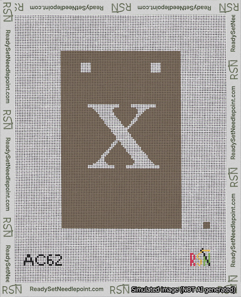 A taped needlepoint canvas with the design: Banner 18 mesh count Squared X White on Brown.