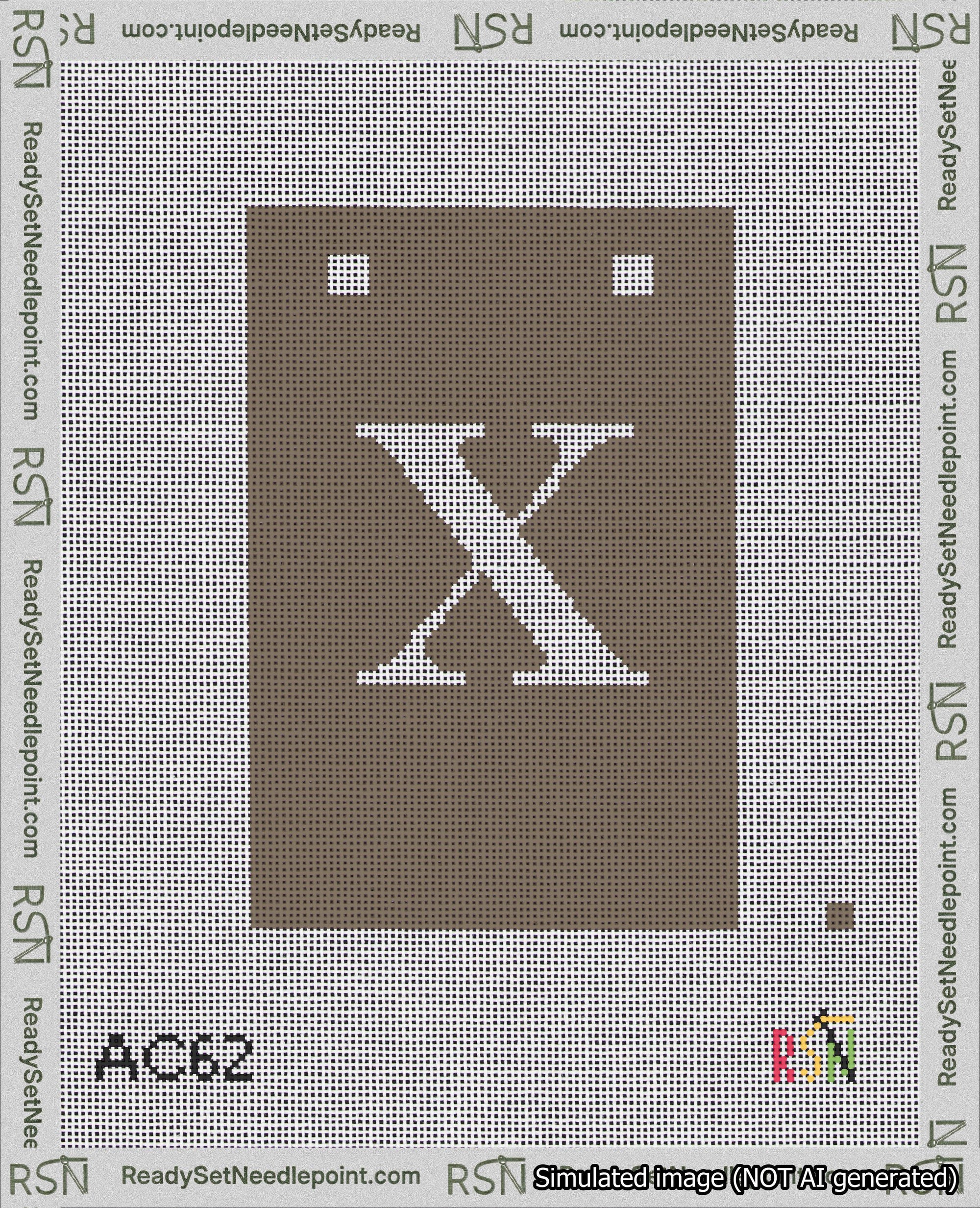 A taped needlepoint canvas with the design: Banner 18 mesh count Squared X White on Brown.