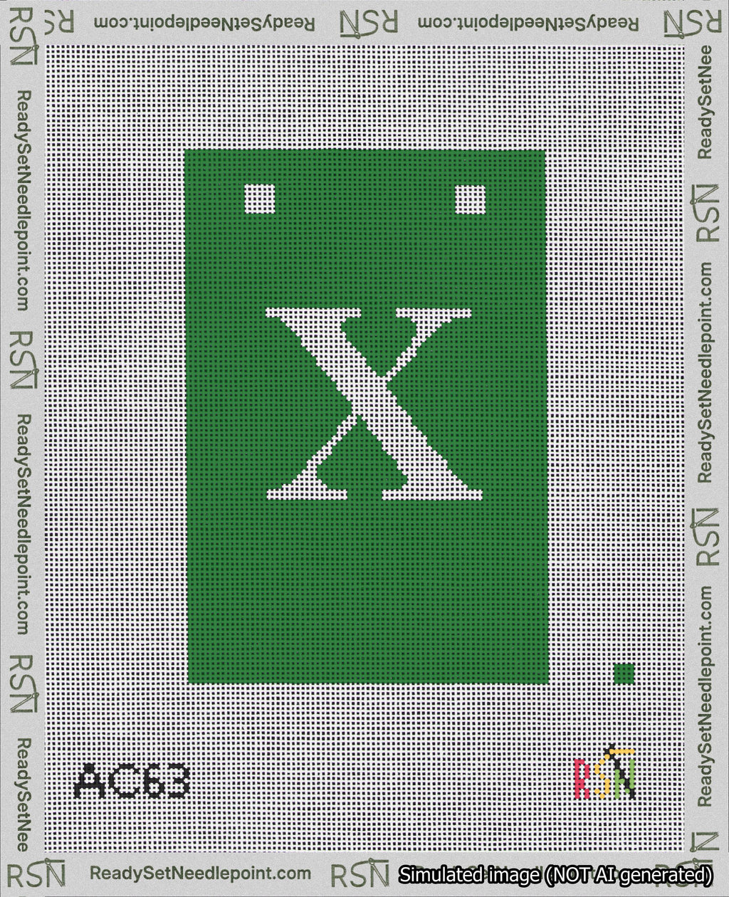 A taped needlepoint canvas with the design: Banner 18 mesh count Squared X White on Green.
