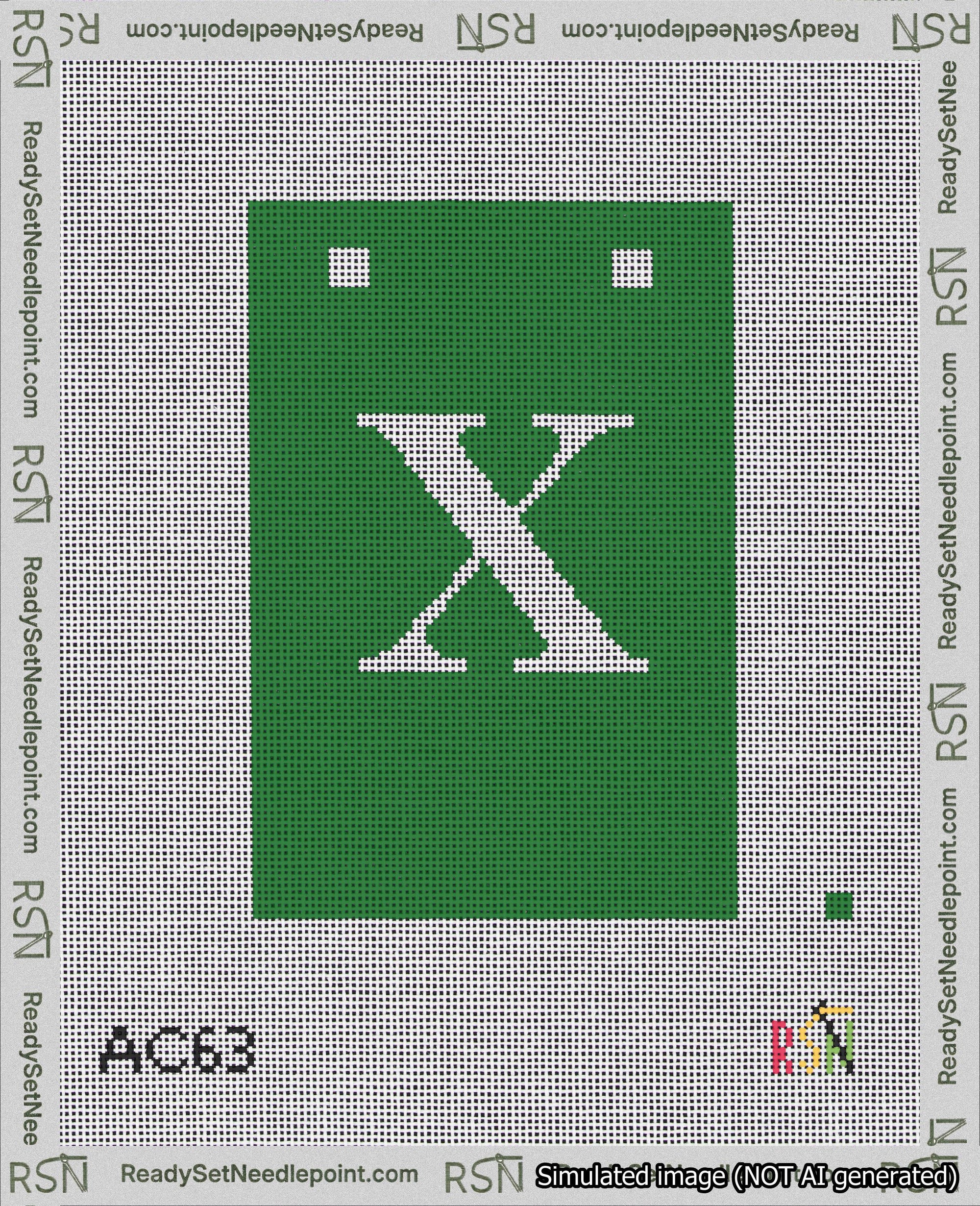 A taped needlepoint canvas with the design: Banner 18 mesh count Squared X White on Green.