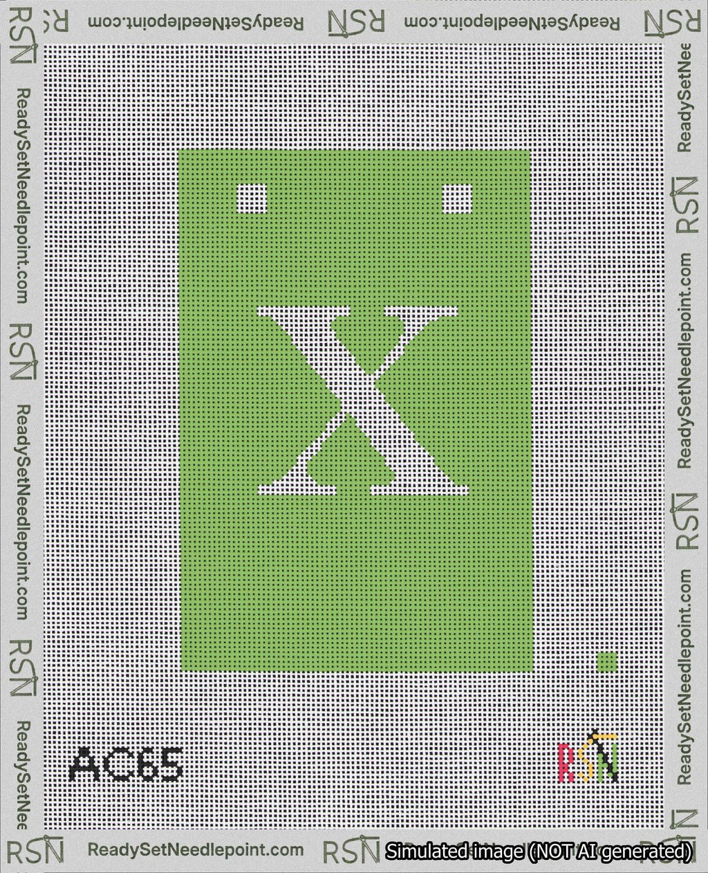 A taped needlepoint canvas with the design: Banner 18 mesh count Squared X White on Light Green.