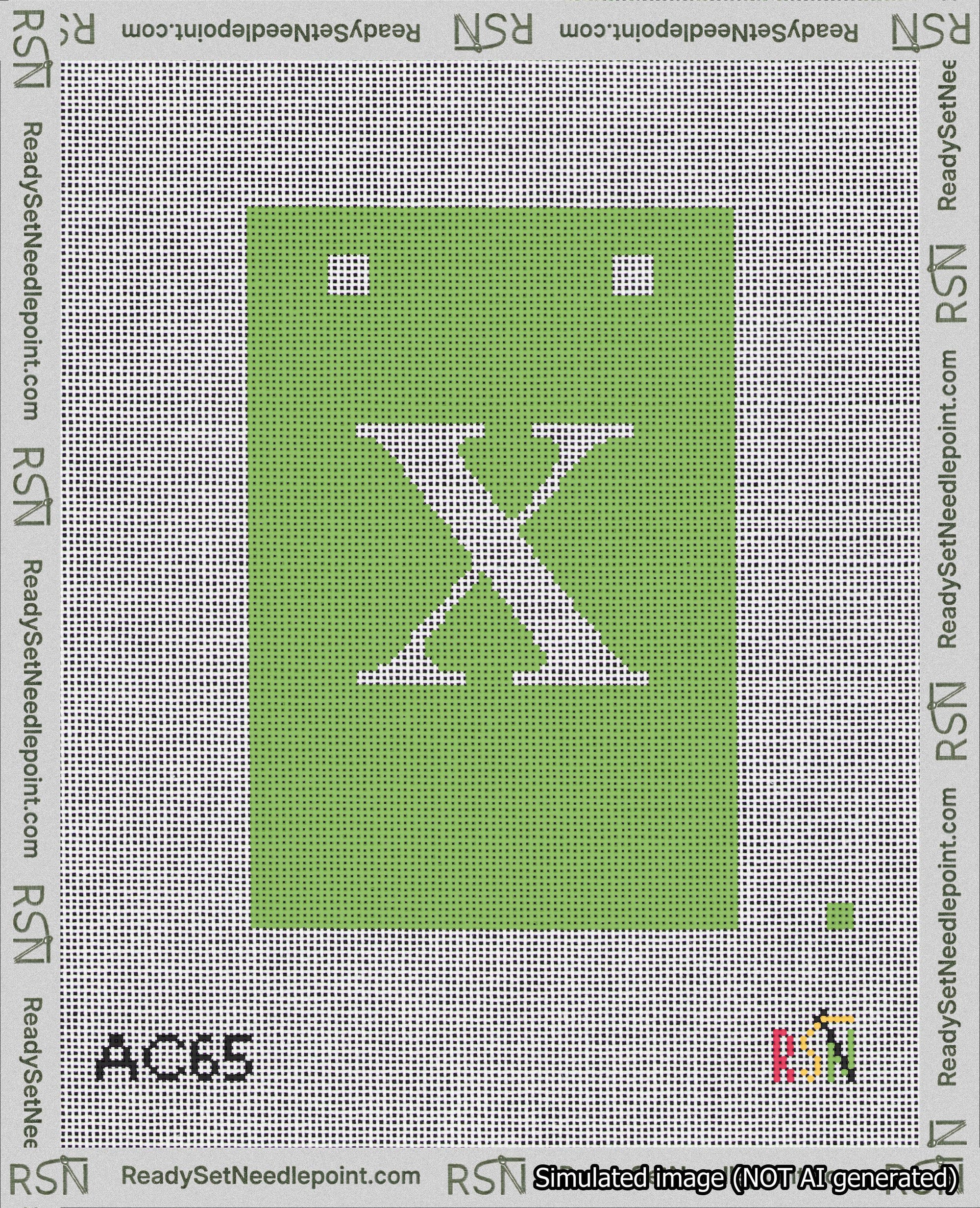 A taped needlepoint canvas with the design: Banner 18 mesh count Squared X White on Light Green.