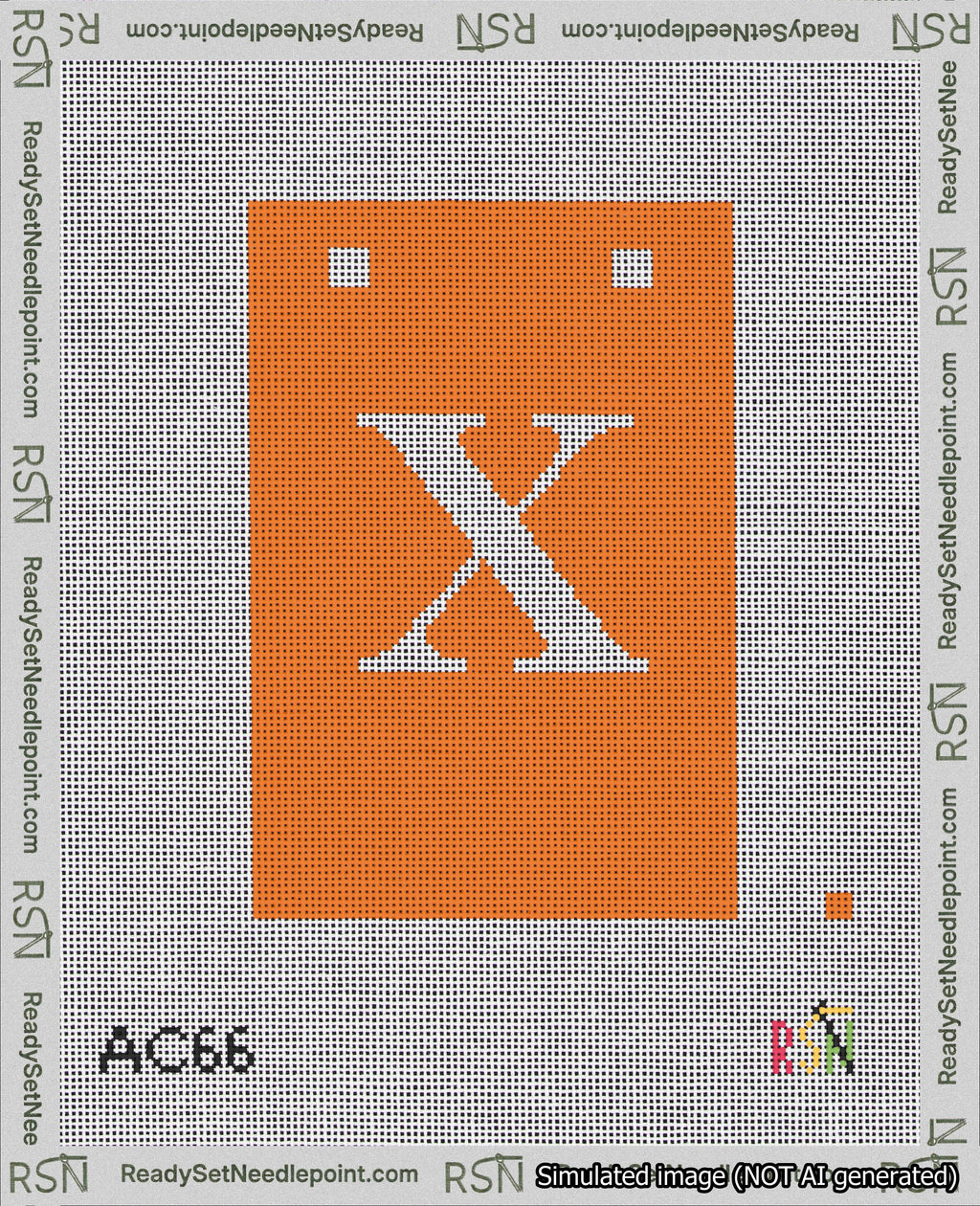 A taped needlepoint canvas with the design: Banner 18 mesh count Squared X White on Orange.