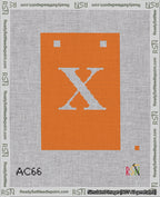 A taped needlepoint canvas with the design: Banner 18 mesh count Squared X White on Orange.