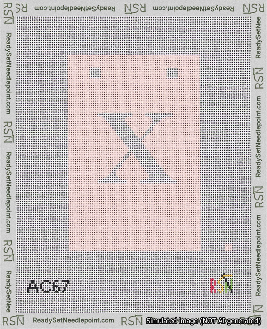 A taped needlepoint canvas with the design: Banner 18 mesh count Squared X White on Pink.