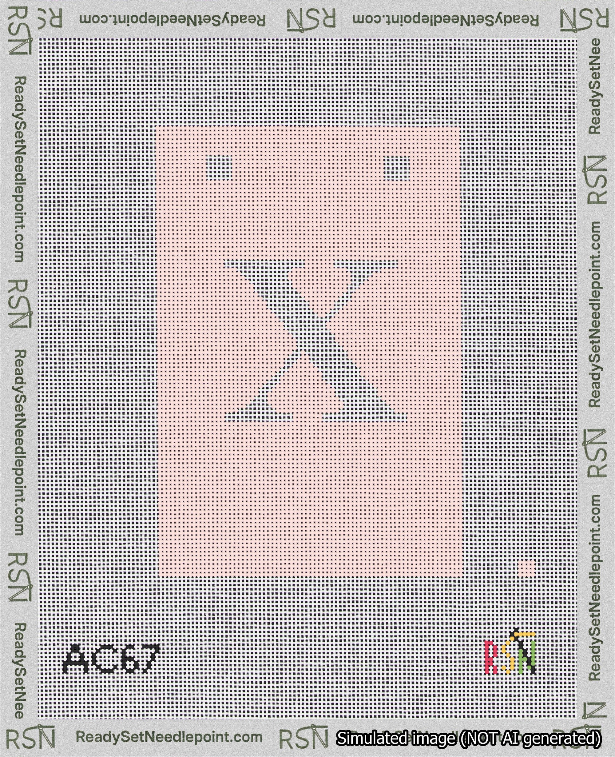 A taped needlepoint canvas with the design: Banner 18 mesh count Squared X White on Pink.