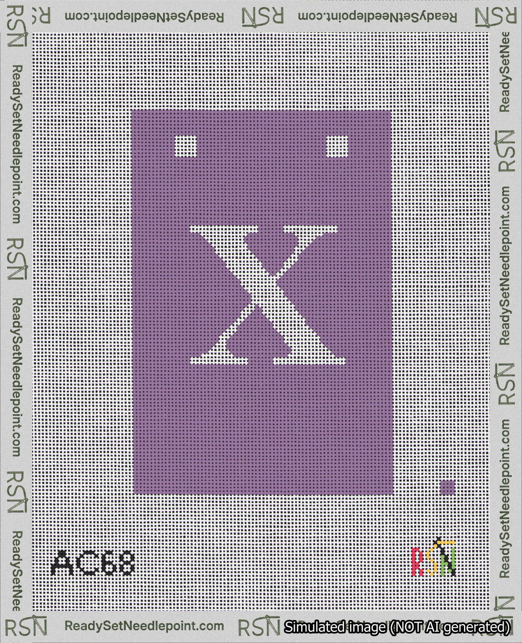 A taped needlepoint canvas with the design: Banner 18 mesh count Squared X White on Purple.