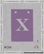 A taped needlepoint canvas with the design: Banner 18 mesh count Squared X White on Purple.
