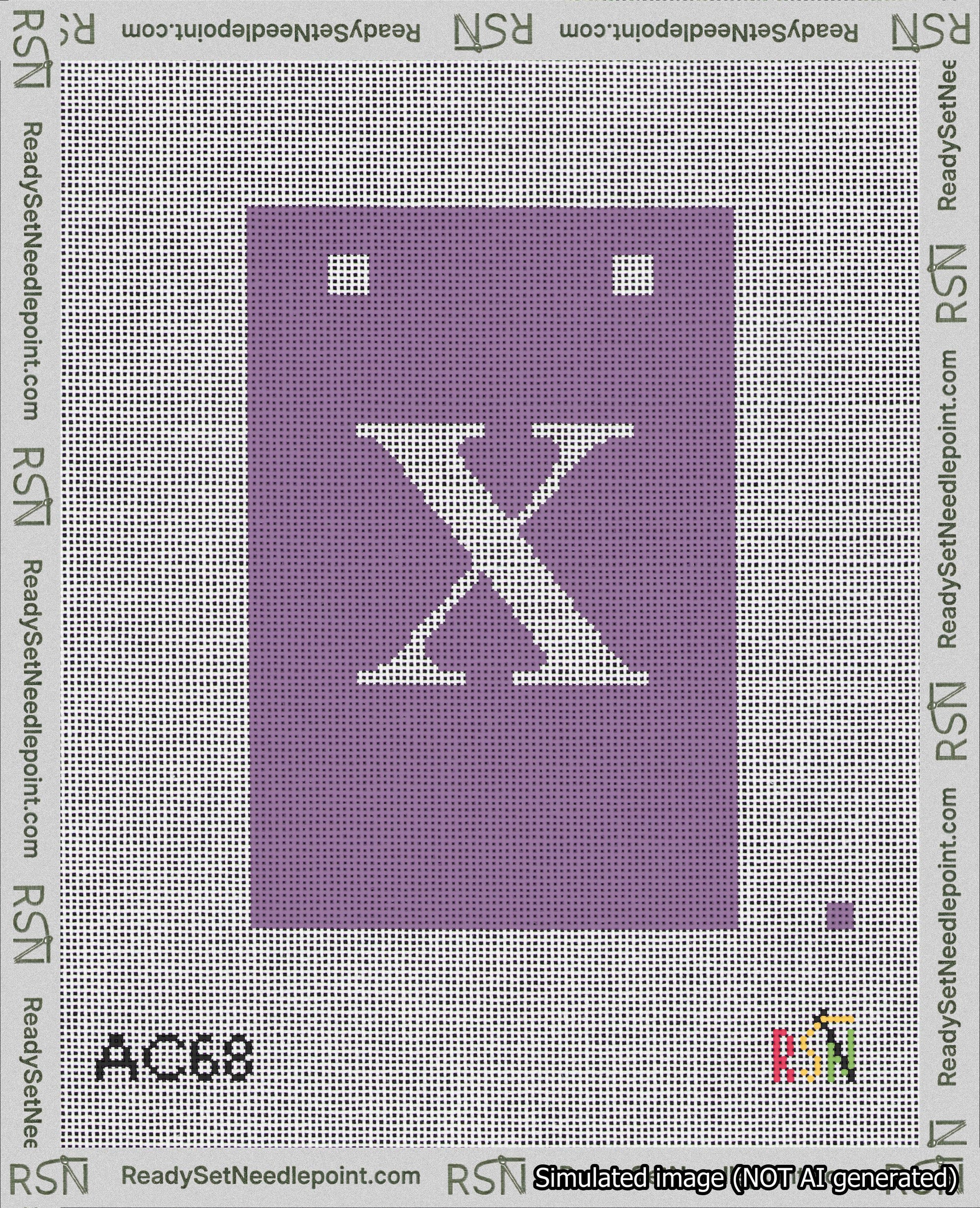 A taped needlepoint canvas with the design: Banner 18 mesh count Squared X White on Purple.
