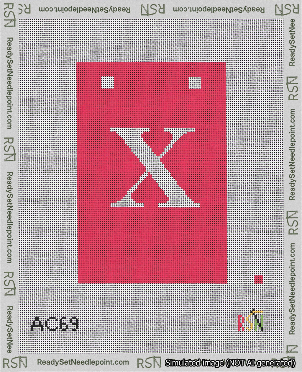 A taped needlepoint canvas with the design: Banner 18 mesh count Squared X White on Red.