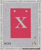 A taped needlepoint canvas with the design: Banner 18 mesh count Squared X White on Red.