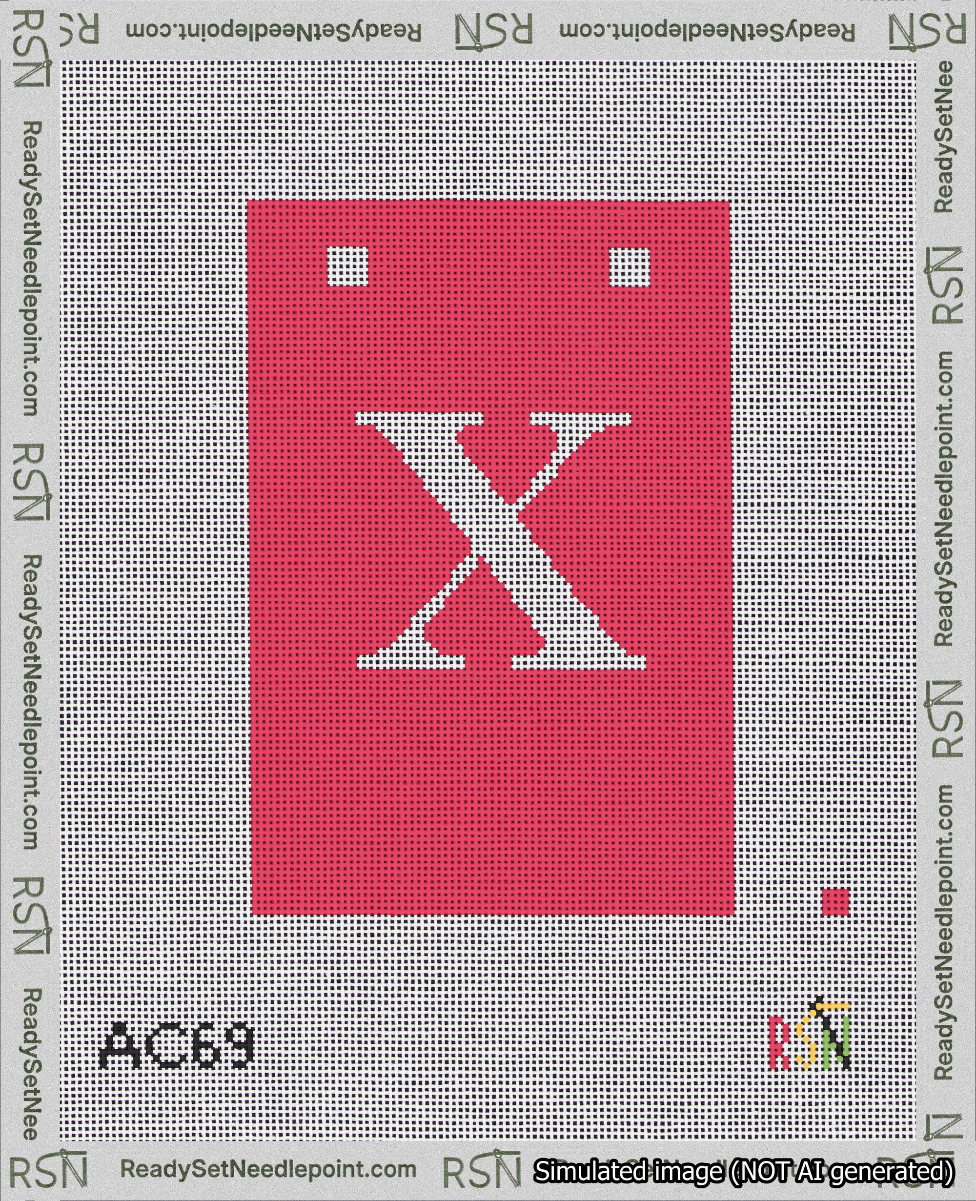 A taped needlepoint canvas with the design: Banner 18 mesh count Squared X White on Red.