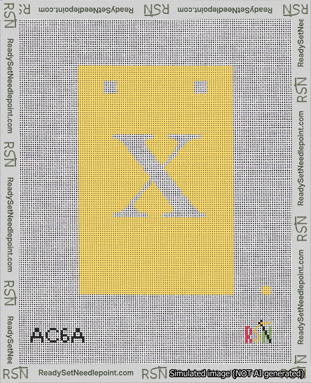 A taped needlepoint canvas with the design: Banner 18 mesh count Squared X White on Yellow.