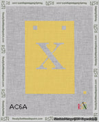 A taped needlepoint canvas with the design: Banner 18 mesh count Squared X White on Yellow.