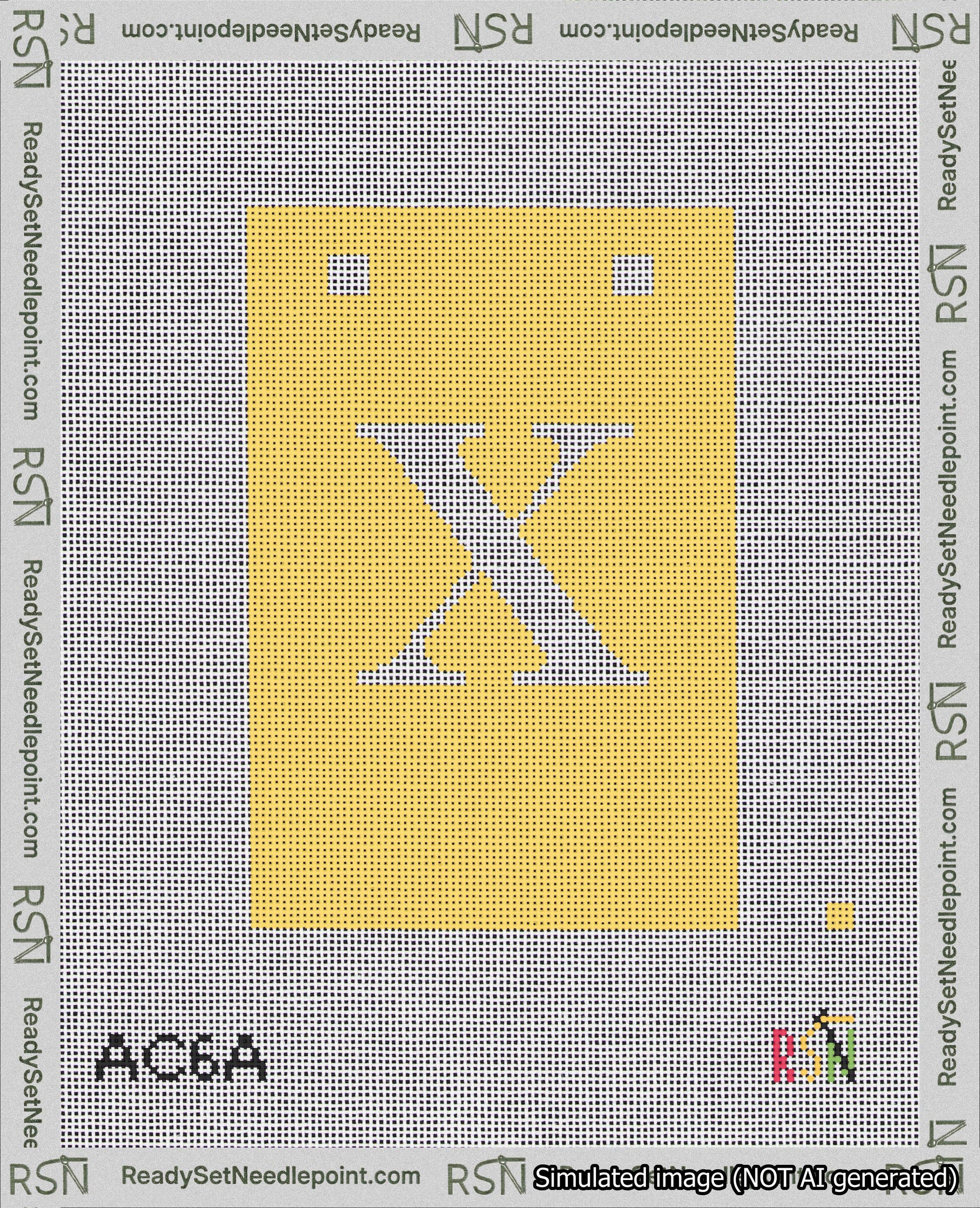 A taped needlepoint canvas with the design: Banner 18 mesh count Squared X White on Yellow.