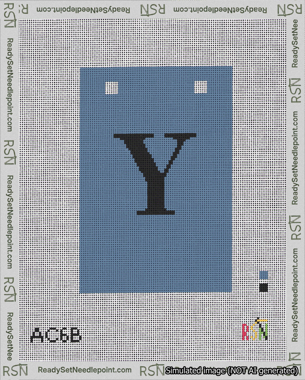 A taped needlepoint canvas with the design: Banner 18 mesh count Squared Y Black on Blue.