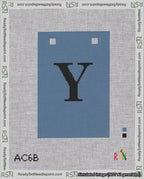 A taped needlepoint canvas with the design: Banner 18 mesh count Squared Y Black on Blue.