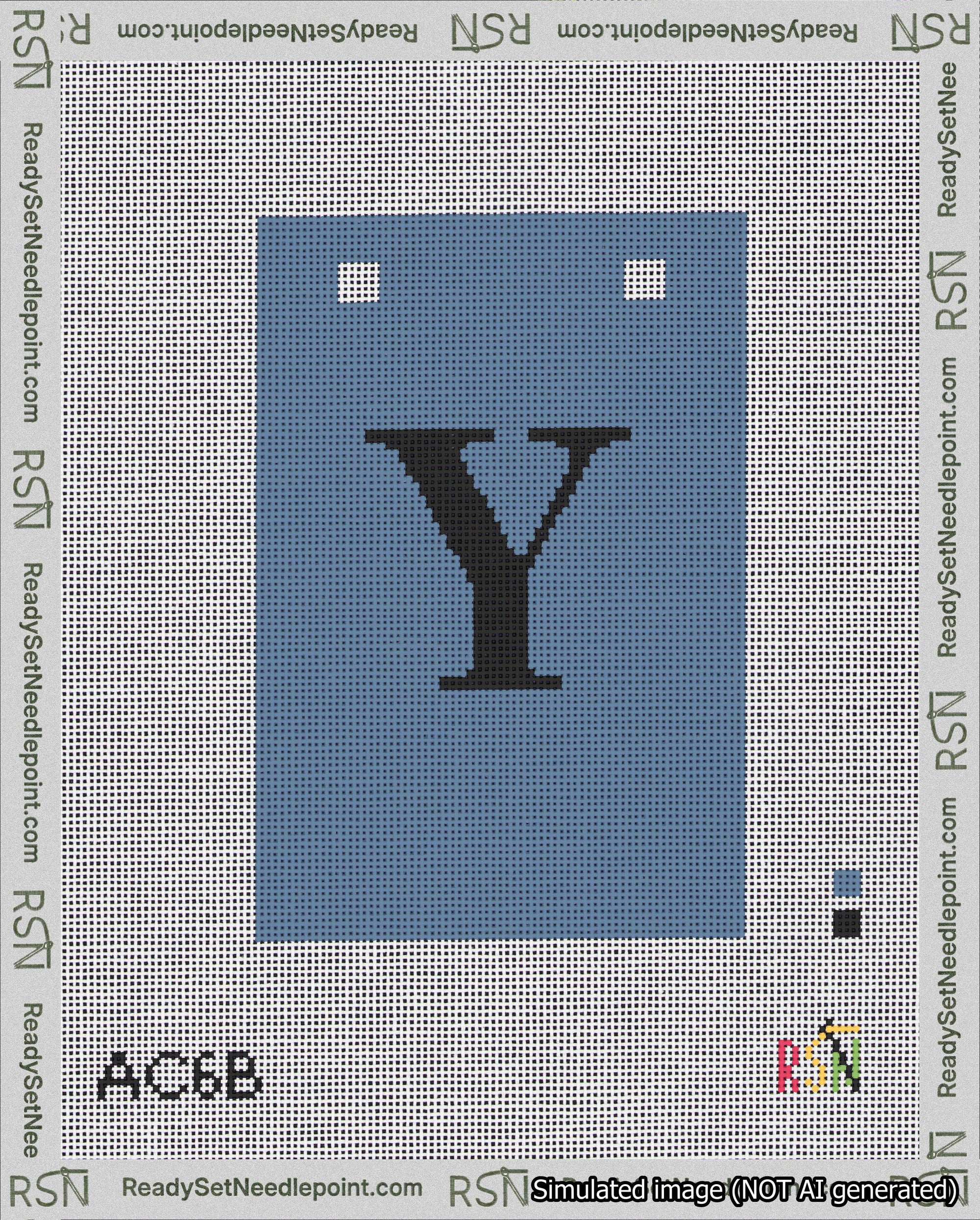 A taped needlepoint canvas with the design: Banner 18 mesh count Squared Y Black on Blue.