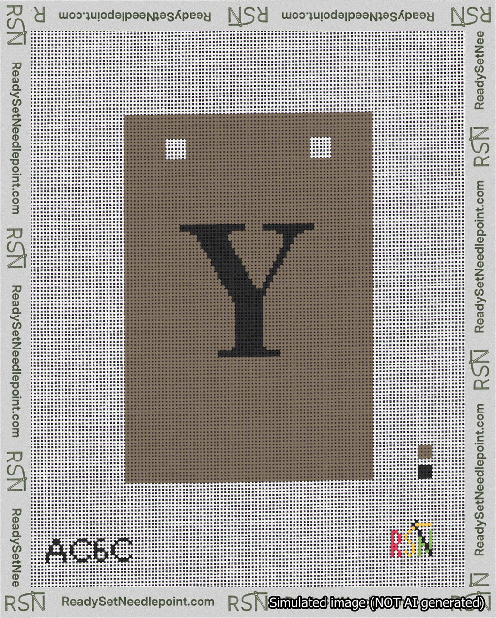A taped needlepoint canvas with the design: Banner 18 mesh count Squared Y Black on Brown.