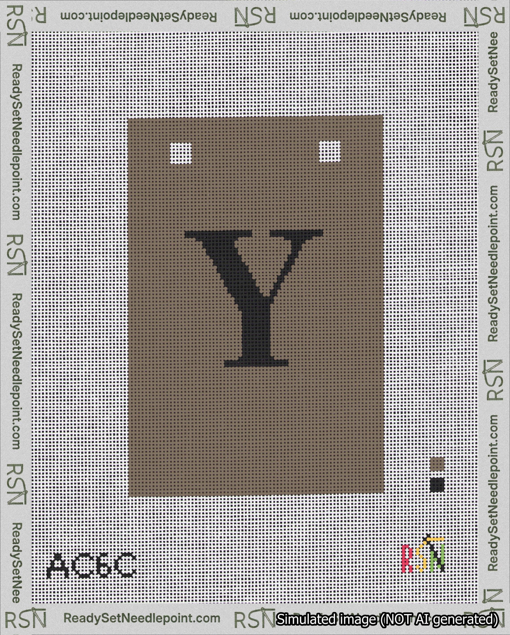 A taped needlepoint canvas with the design: Banner 18 mesh count Squared Y Black on Brown.