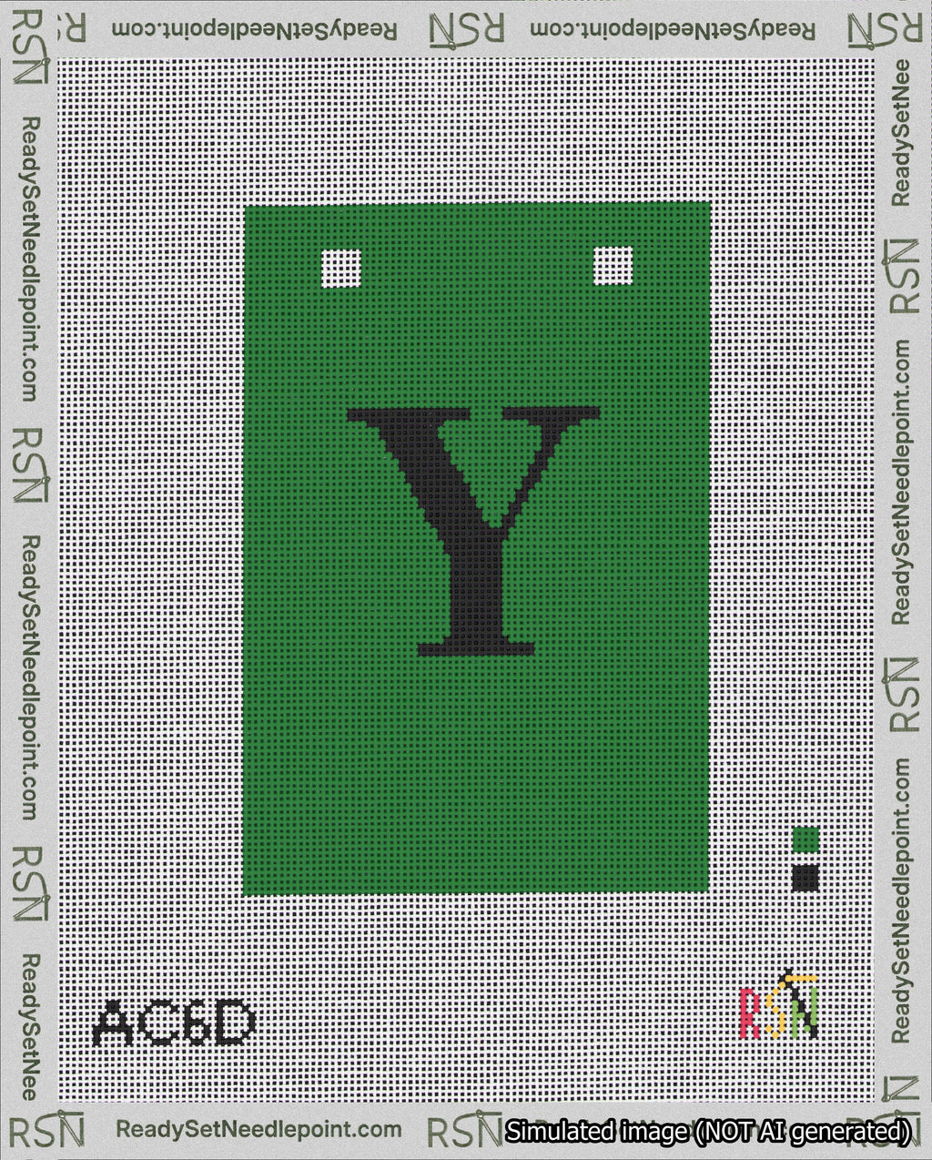 A taped needlepoint canvas with the design: Banner 18 mesh count Squared Y Black on Green.