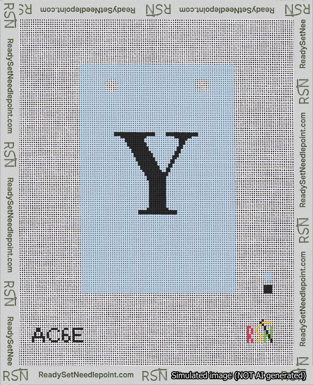 A taped needlepoint canvas with the design: Banner 18 mesh count Squared Y Black on Light Blue.