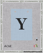 A taped needlepoint canvas with the design: Banner 18 mesh count Squared Y Black on Light Blue.
