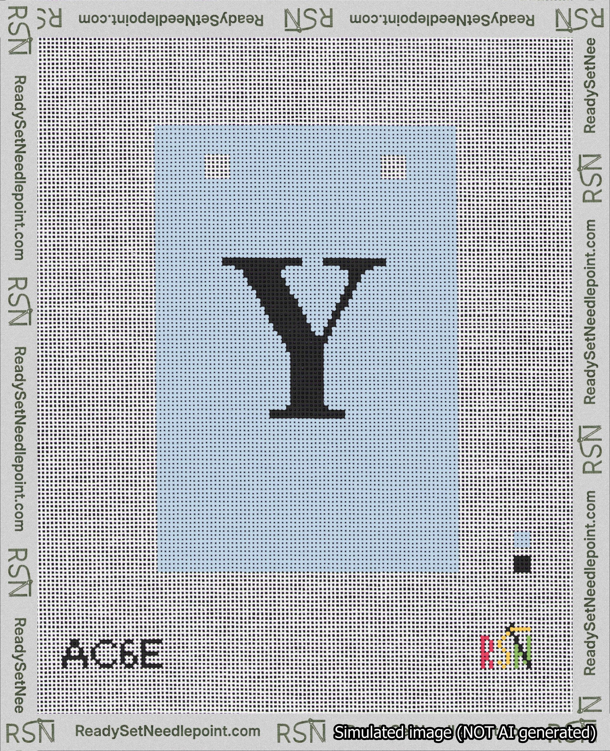 A taped needlepoint canvas with the design: Banner 18 mesh count Squared Y Black on Light Blue.