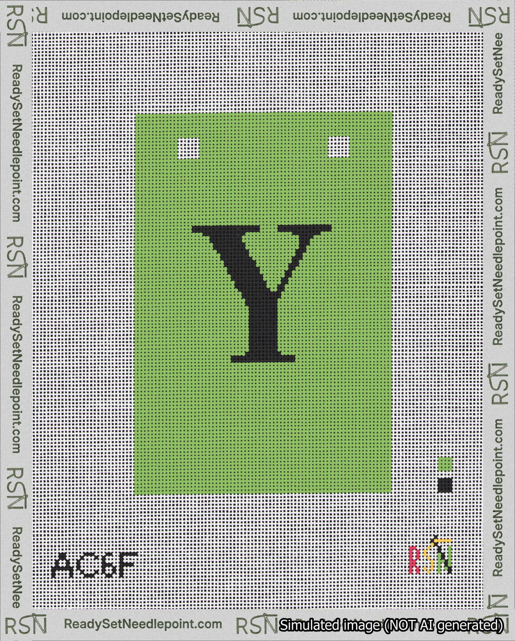 A taped needlepoint canvas with the design: Banner 18 mesh count Squared Y Black on Light Green.