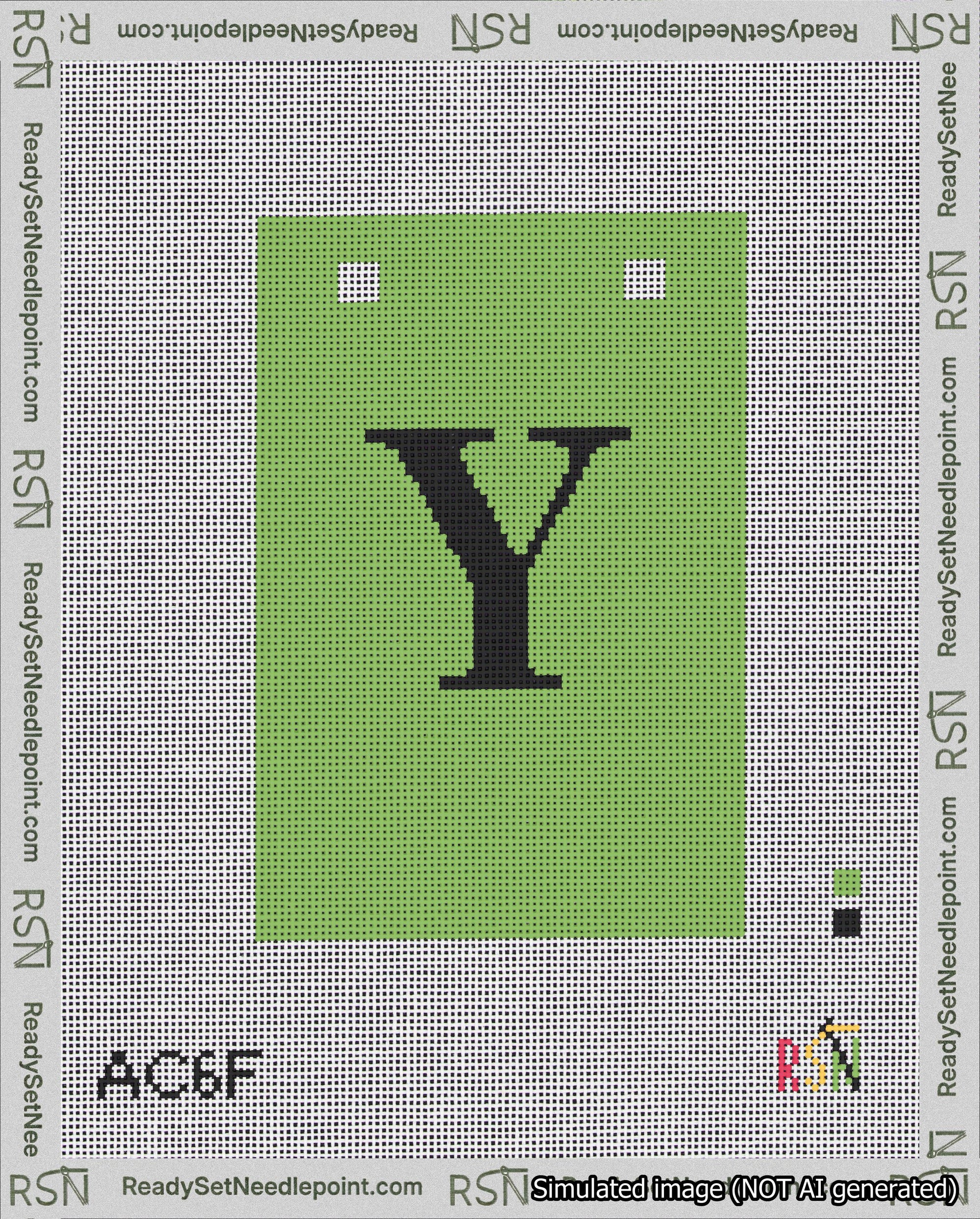 A taped needlepoint canvas with the design: Banner 18 mesh count Squared Y Black on Light Green.