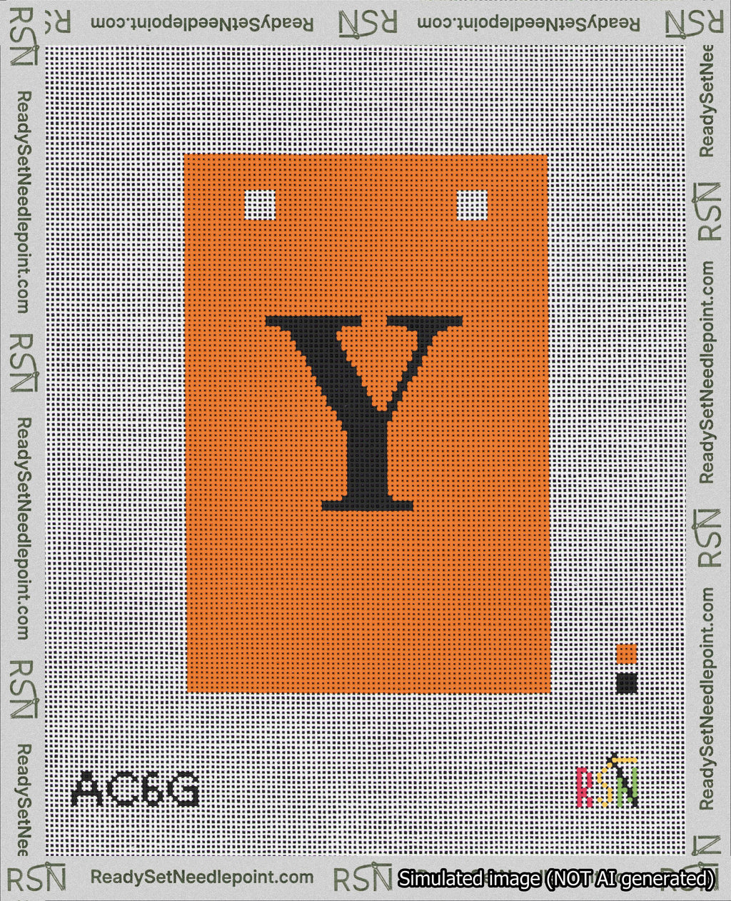 A taped needlepoint canvas with the design: Banner 18 mesh count Squared Y Black on Orange.
