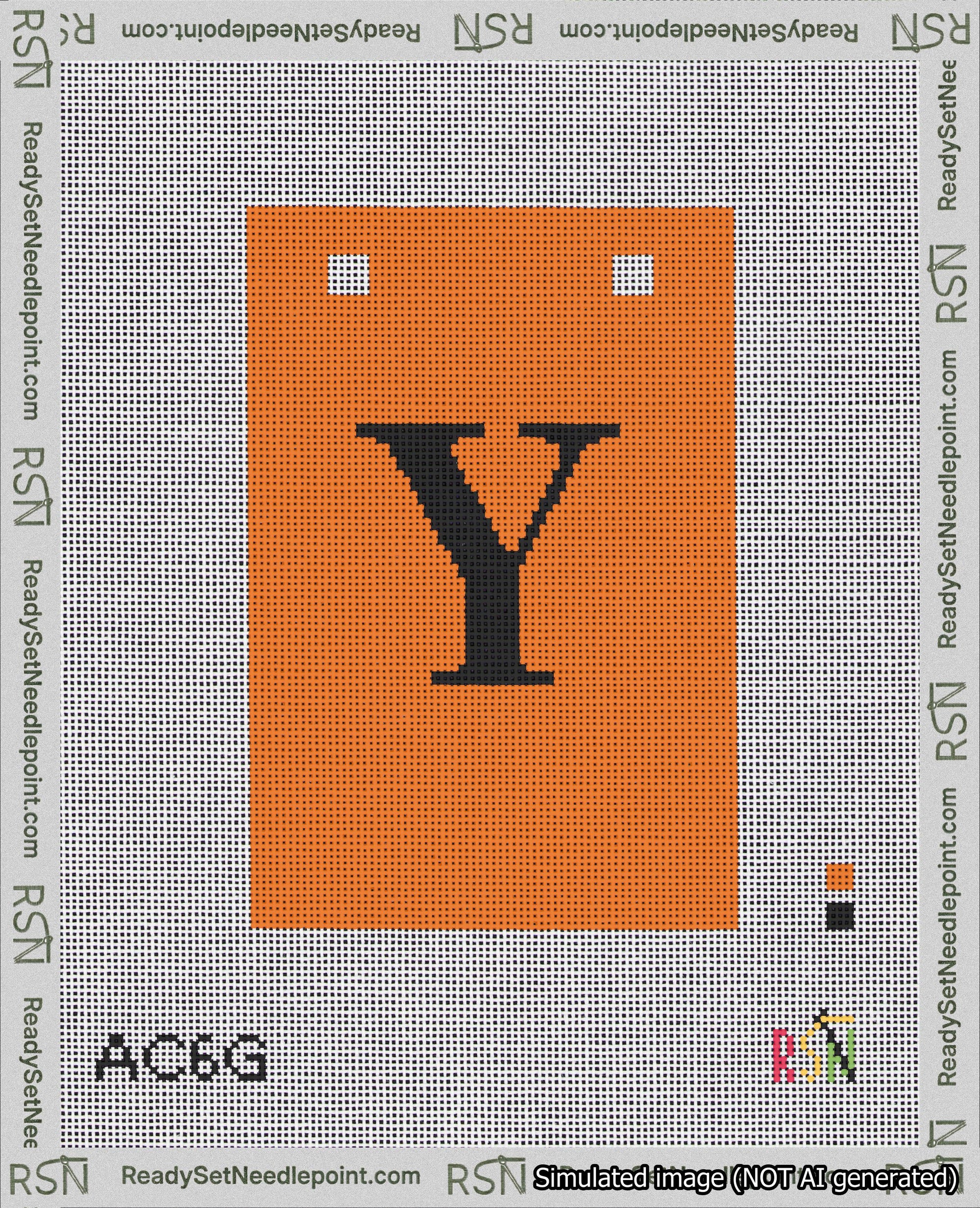 A taped needlepoint canvas with the design: Banner 18 mesh count Squared Y Black on Orange.