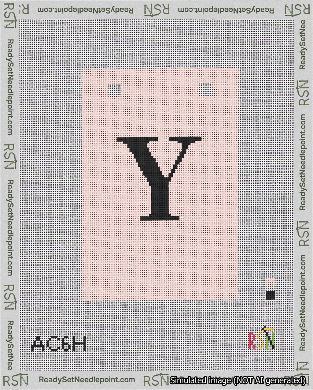 A taped needlepoint canvas with the design: Banner 18 mesh count Squared Y Black on Pink.