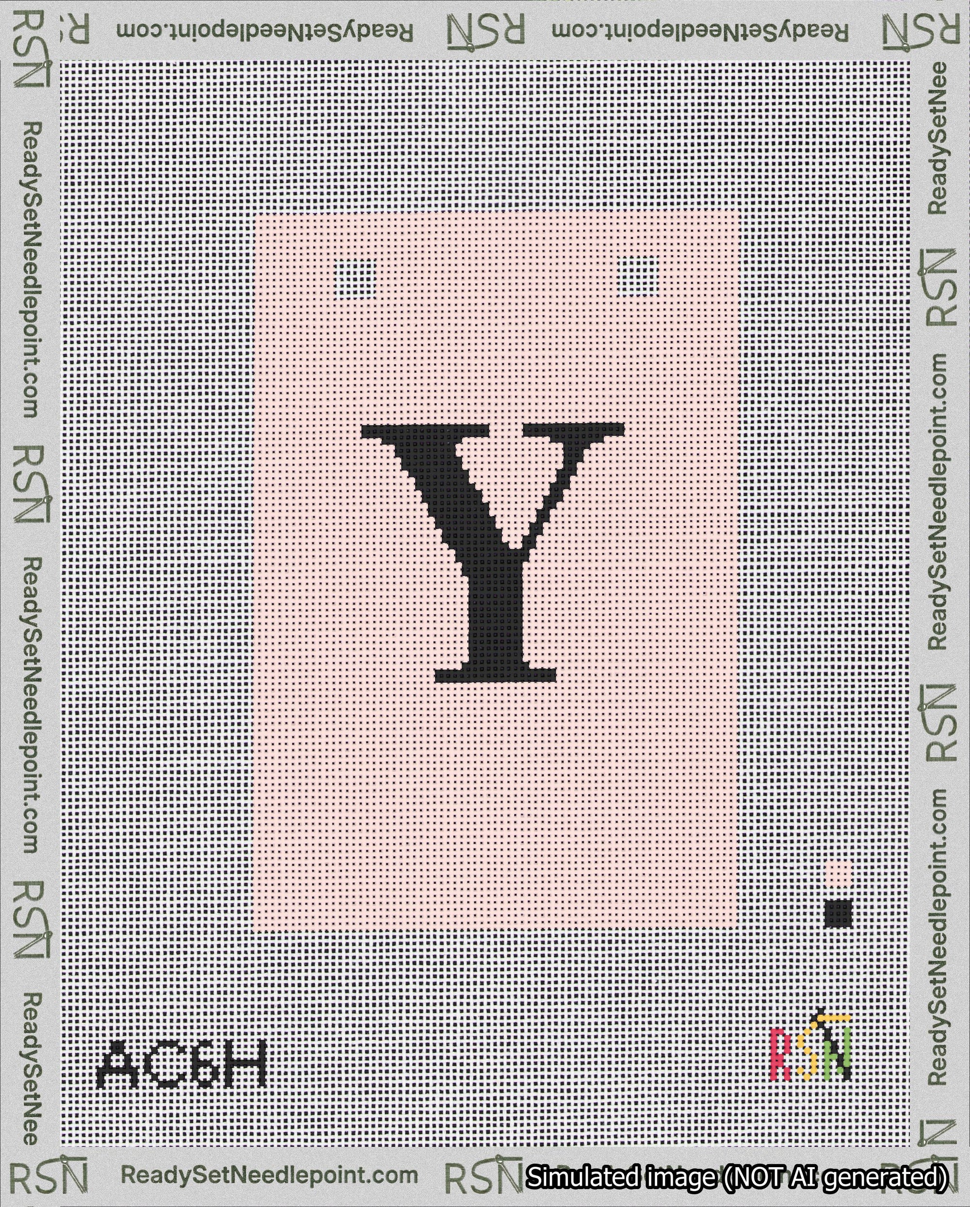 A taped needlepoint canvas with the design: Banner 18 mesh count Squared Y Black on Pink.