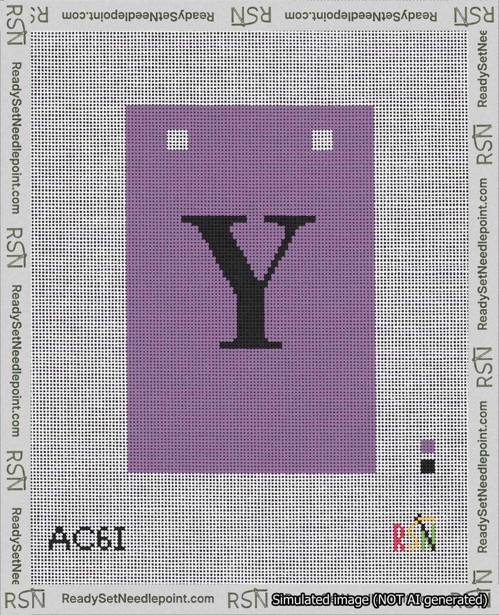 A taped needlepoint canvas with the design: Banner 18 mesh count Squared Y Black on Purple.