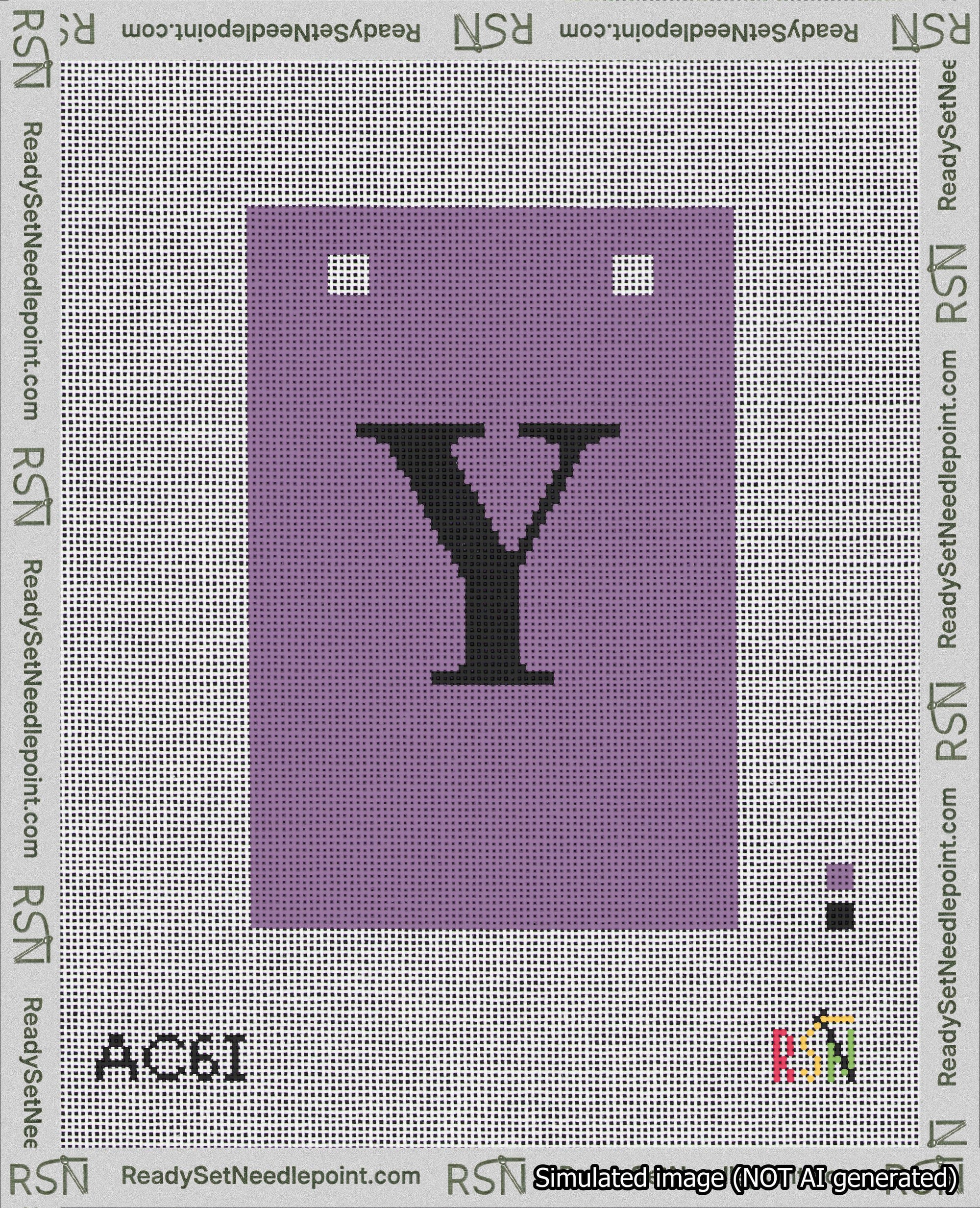 A taped needlepoint canvas with the design: Banner 18 mesh count Squared Y Black on Purple.