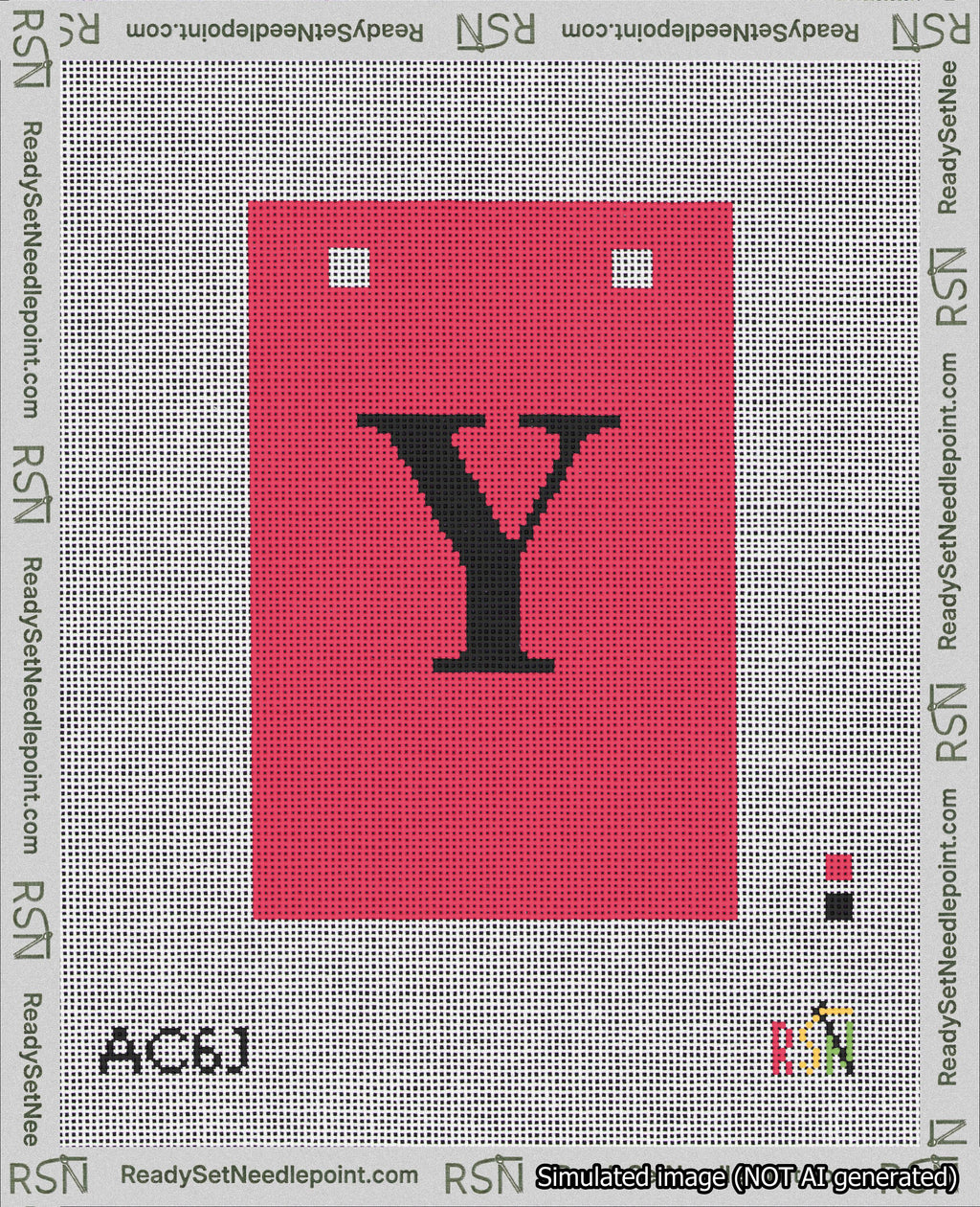 A taped needlepoint canvas with the design: Banner 18 mesh count Squared Y Black on Red.