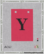 A taped needlepoint canvas with the design: Banner 18 mesh count Squared Y Black on Red.