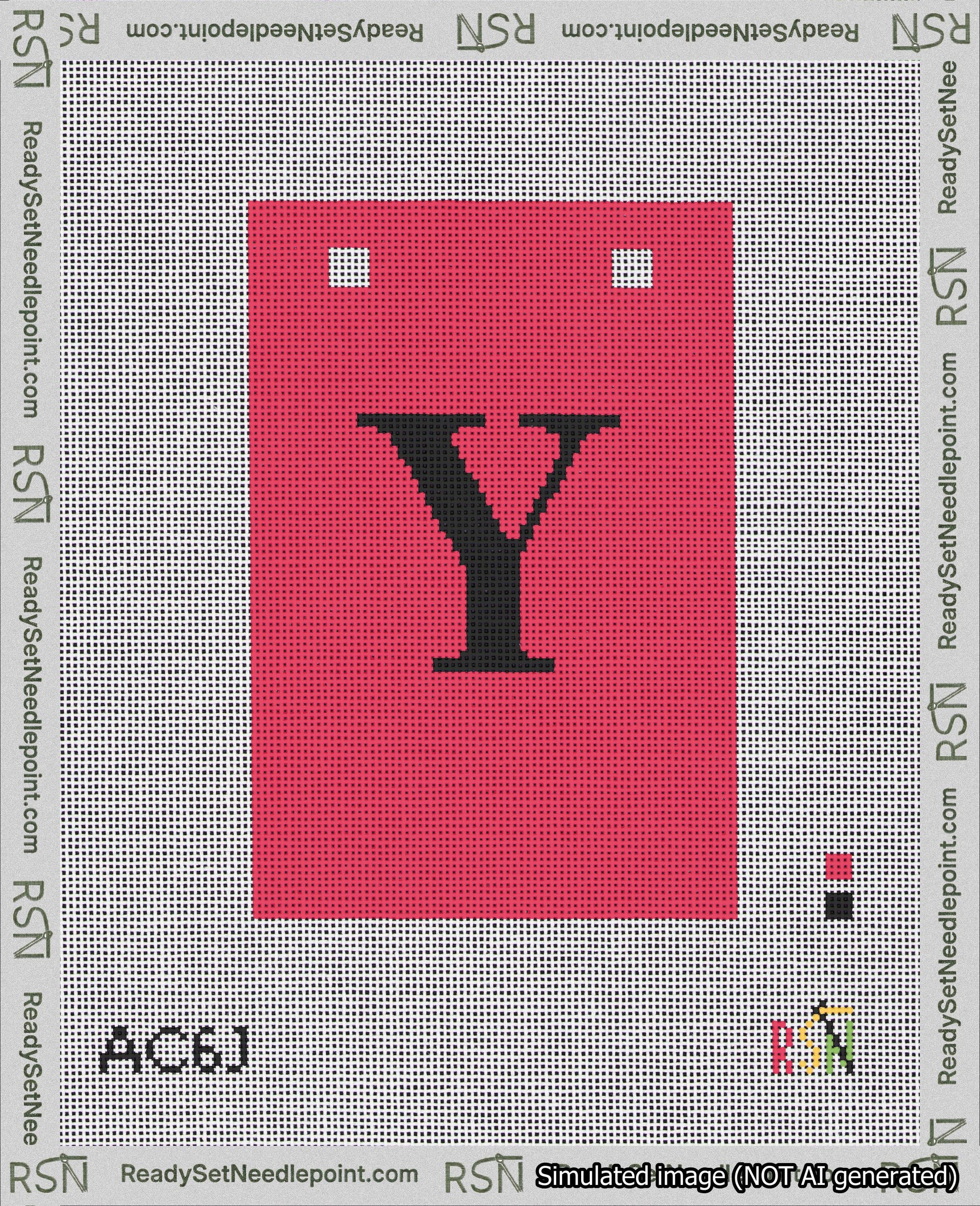 A taped needlepoint canvas with the design: Banner 18 mesh count Squared Y Black on Red.