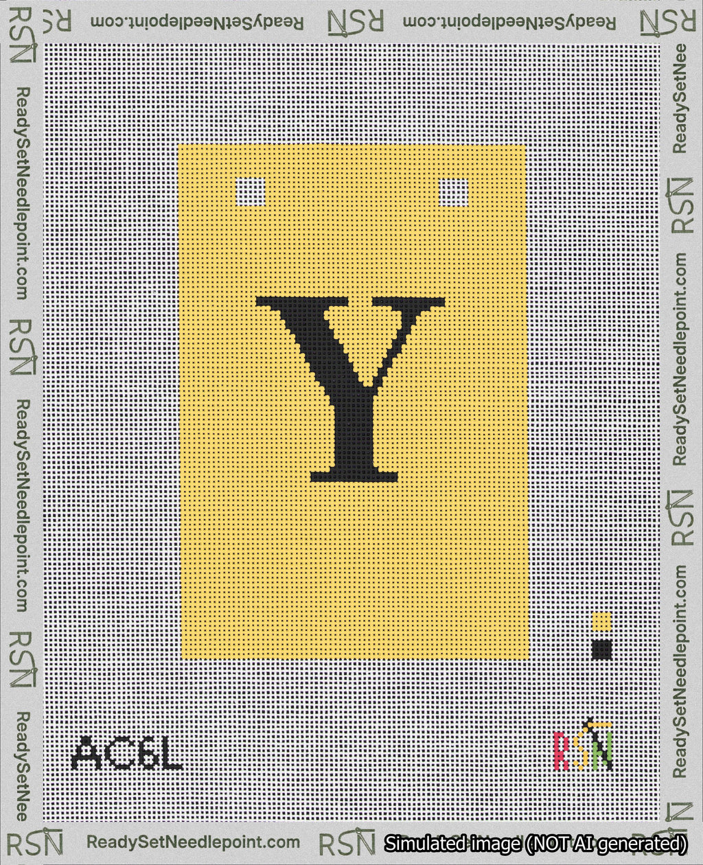 A taped needlepoint canvas with the design: Banner 18 mesh count Squared Y Black on Yellow.