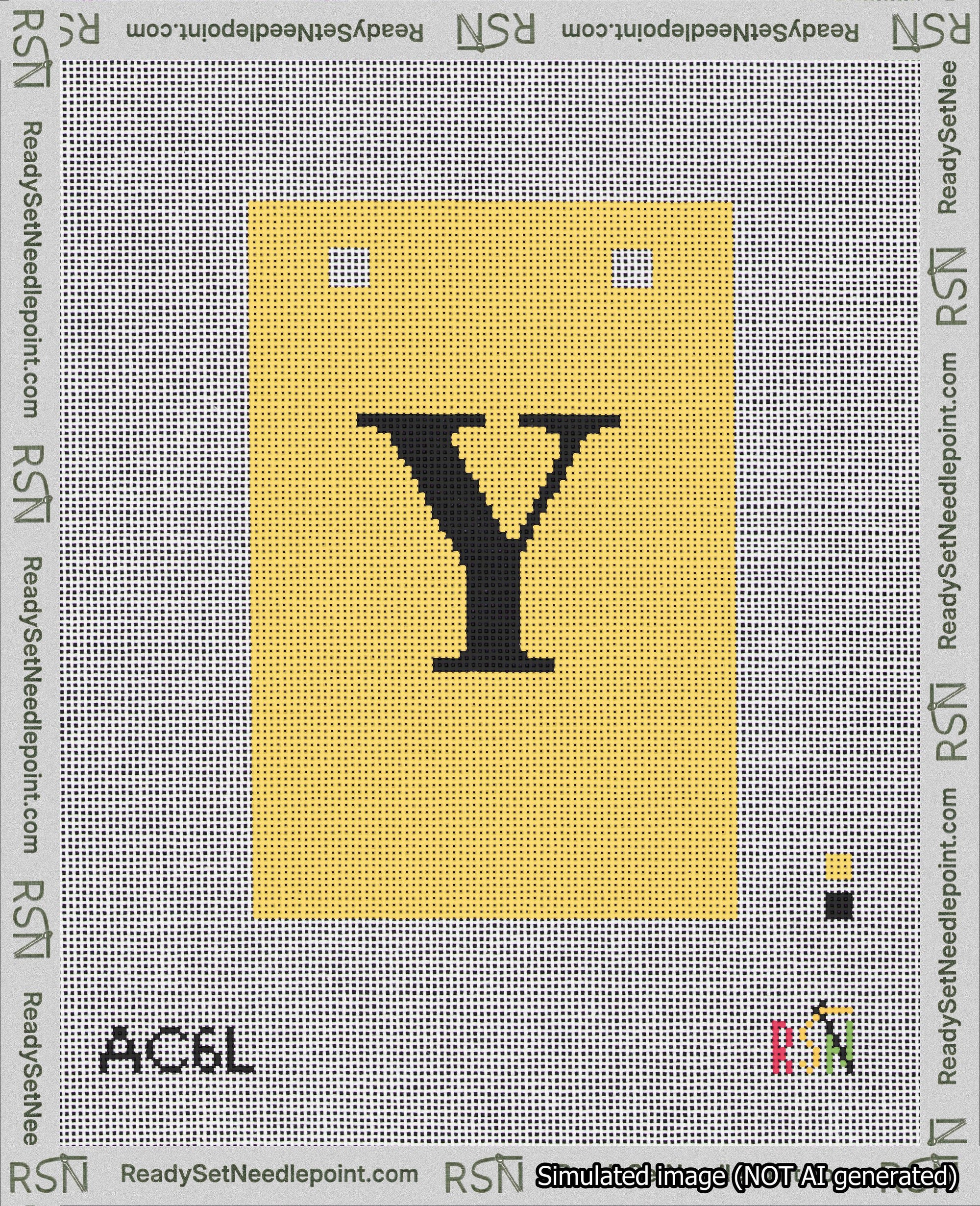 A taped needlepoint canvas with the design: Banner 18 mesh count Squared Y Black on Yellow.