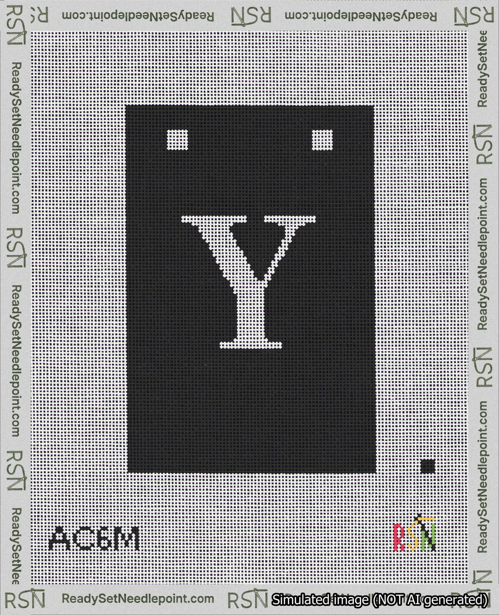A taped needlepoint canvas with the design: Banner 18 mesh count Squared Y White on Black.