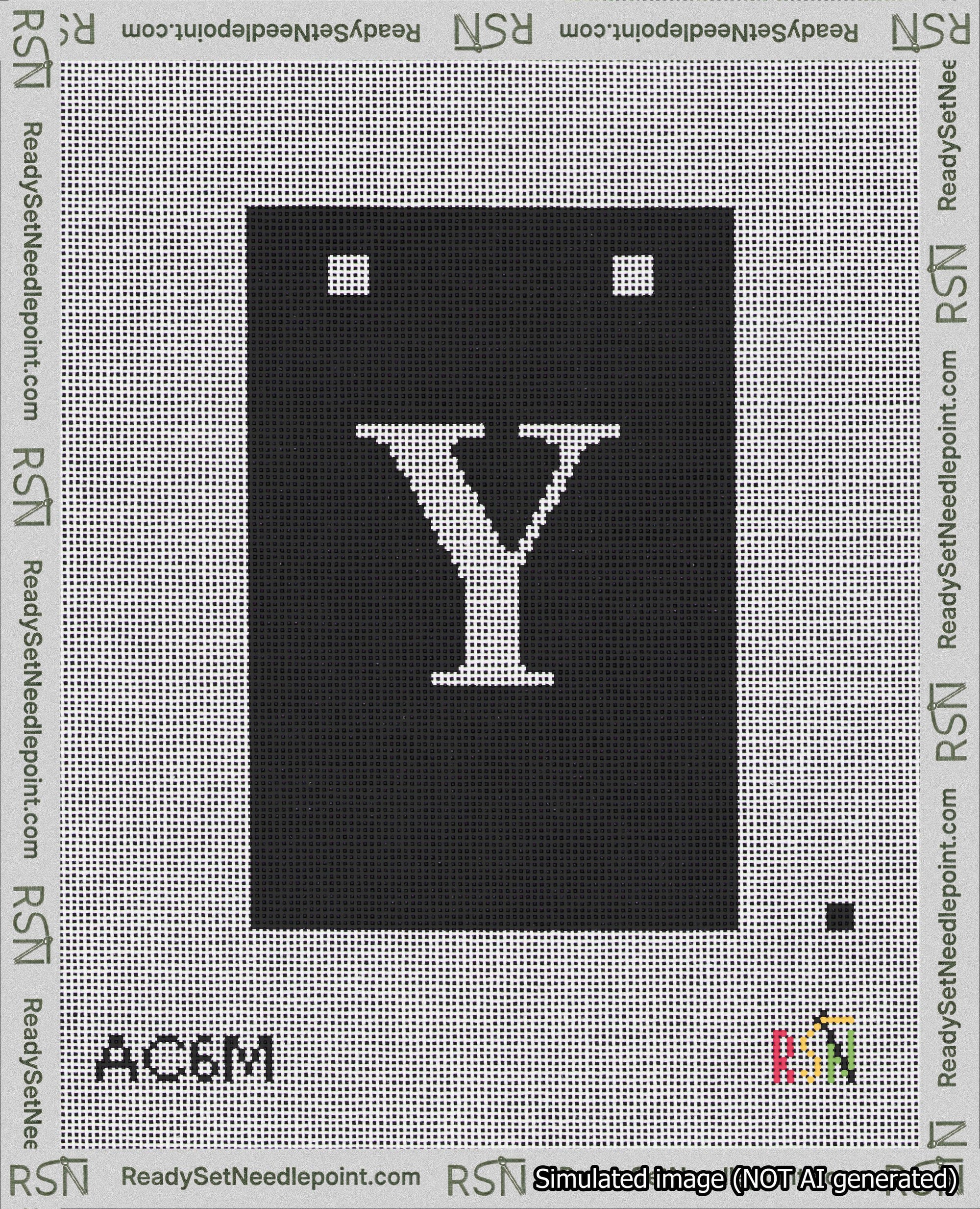 A taped needlepoint canvas with the design: Banner 18 mesh count Squared Y White on Black.