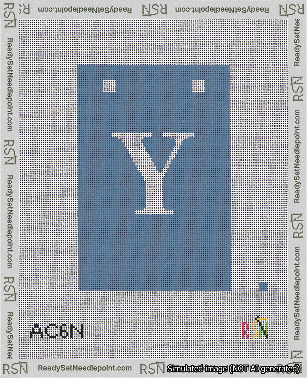 A taped needlepoint canvas with the design: Banner 18 mesh count Squared Y White on Blue.