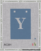 A taped needlepoint canvas with the design: Banner 18 mesh count Squared Y White on Blue.