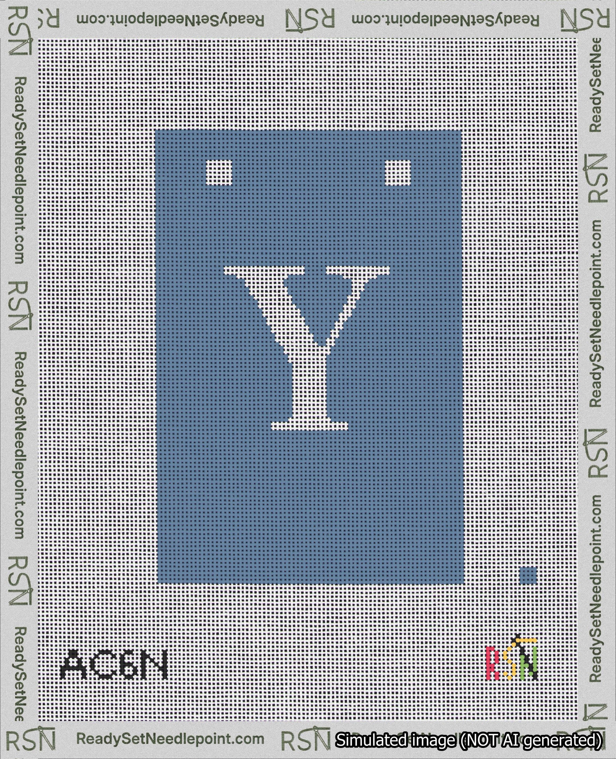 A taped needlepoint canvas with the design: Banner 18 mesh count Squared Y White on Blue.