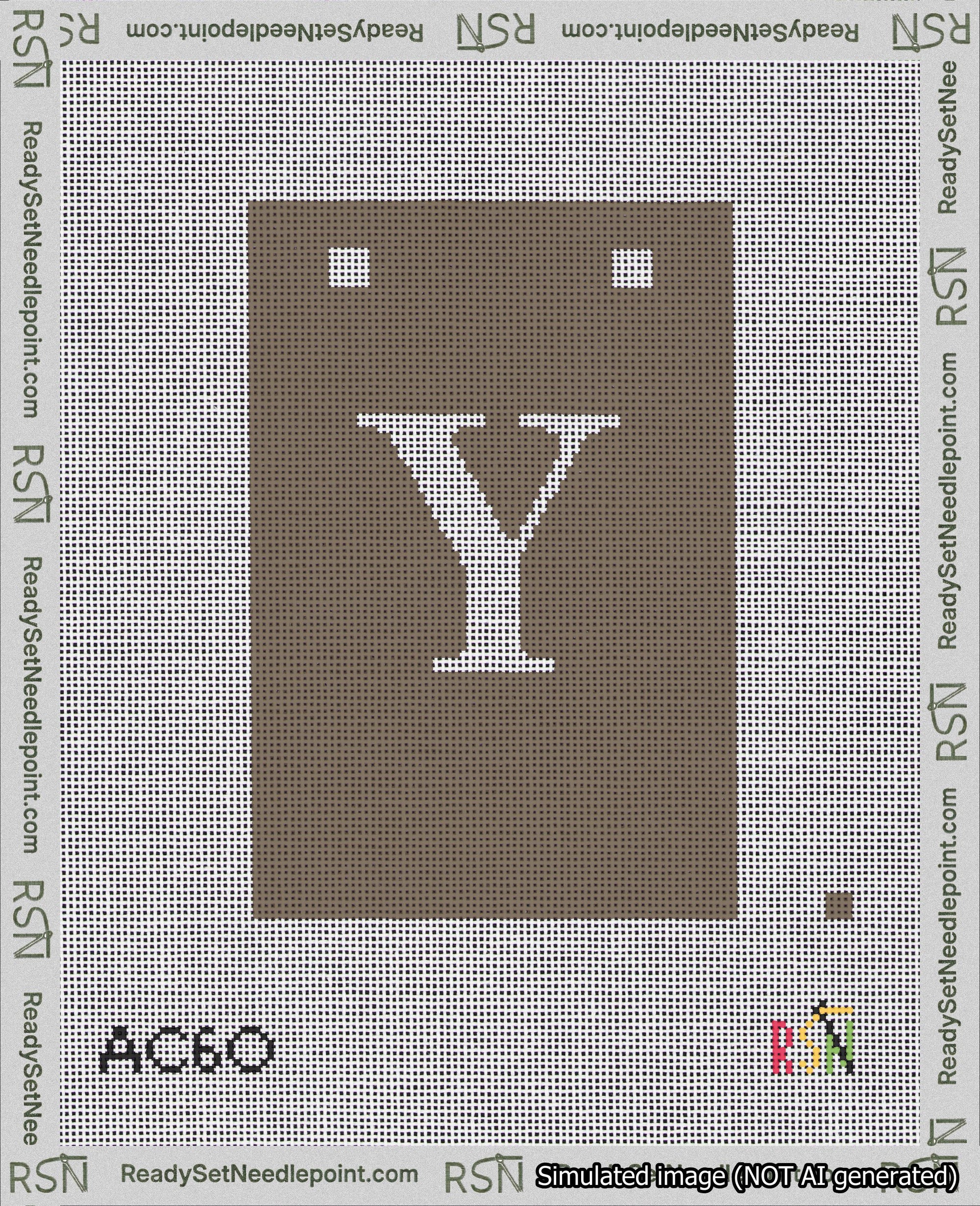 A taped needlepoint canvas with the design: Banner 18 mesh count Squared Y White on Brown.