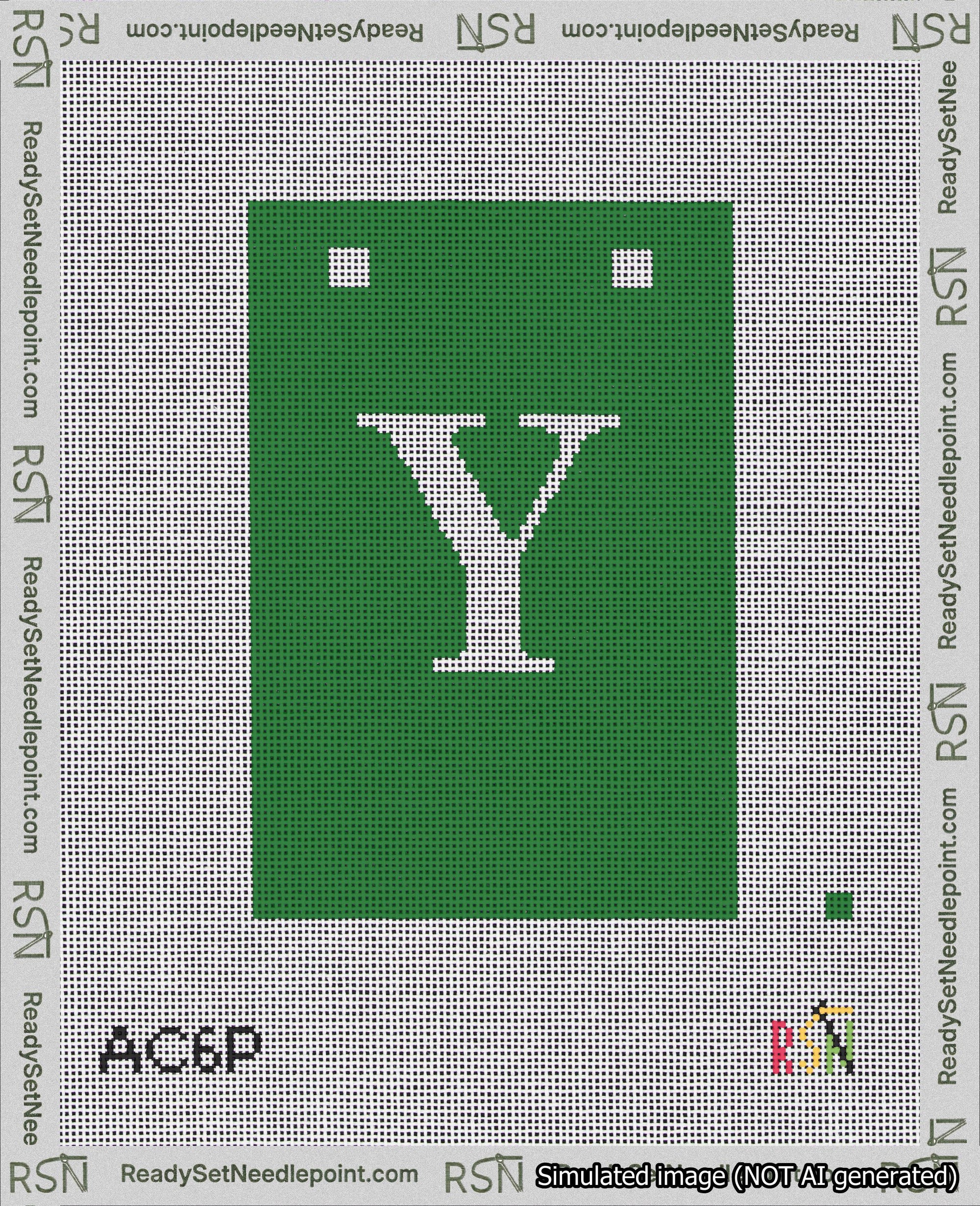 A taped needlepoint canvas with the design: Banner 18 mesh count Squared Y White on Green.